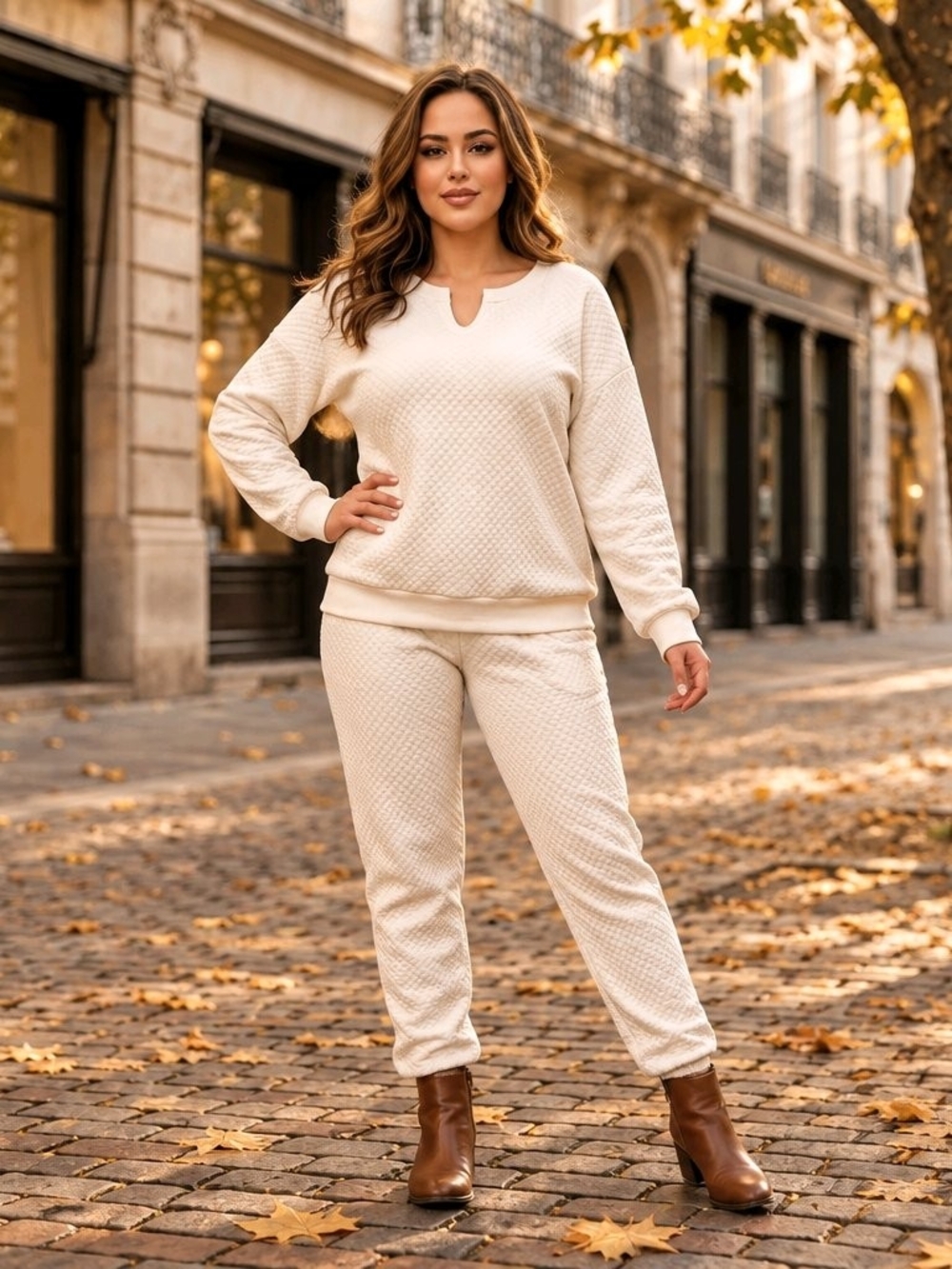 The Sweatshirt Project Quilted Notched V-Neck Tunic Pullover Sweater - Cream